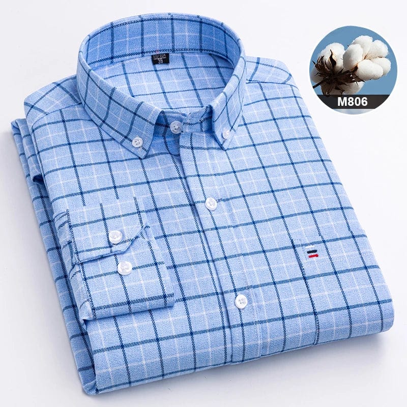 Men's SHOWLU FASHION cotton plaid long-sleeve slim fit casual shirt with a single pocket, featuring a classic striped and plain design.