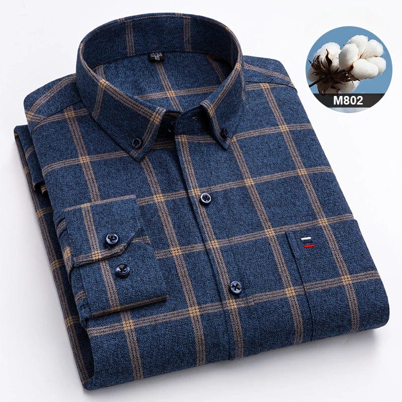 Showlu Fashion men's 100% cotton plaid long-sleeve slim fit casual shirt with single chest pocket, available in plus sizes.