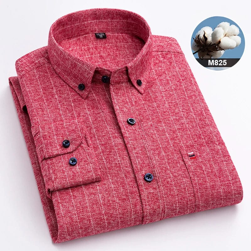 Men's SHOWLU FASHION plaid long-sleeve casual shirt, 100% cotton, slim fit, with single pocket and striped pattern.