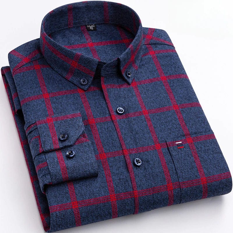 Men's SHOWLU FASHION STORE plaid long-sleeve casual shirt made of 100% cotton, slim fit, with a single chest pocket and striped design.