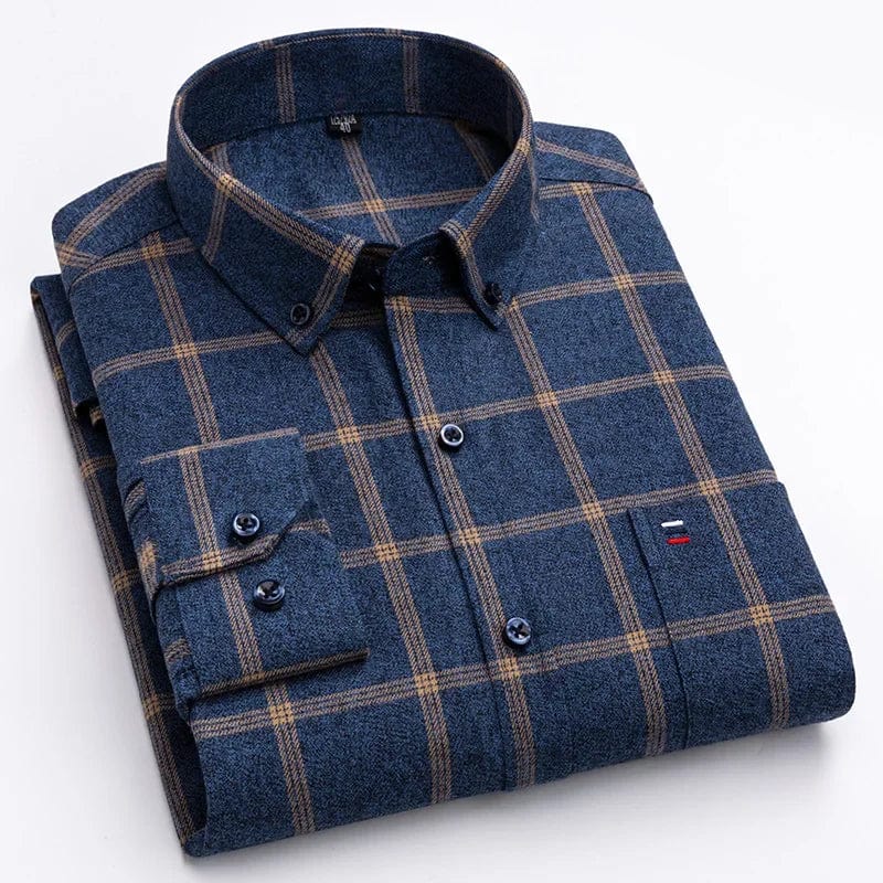 SHOWLU FASHION SHOWLU FASHION Men's 100% cotton plaid long-sleeve slim fit casual shirt with single pocket and striped pattern