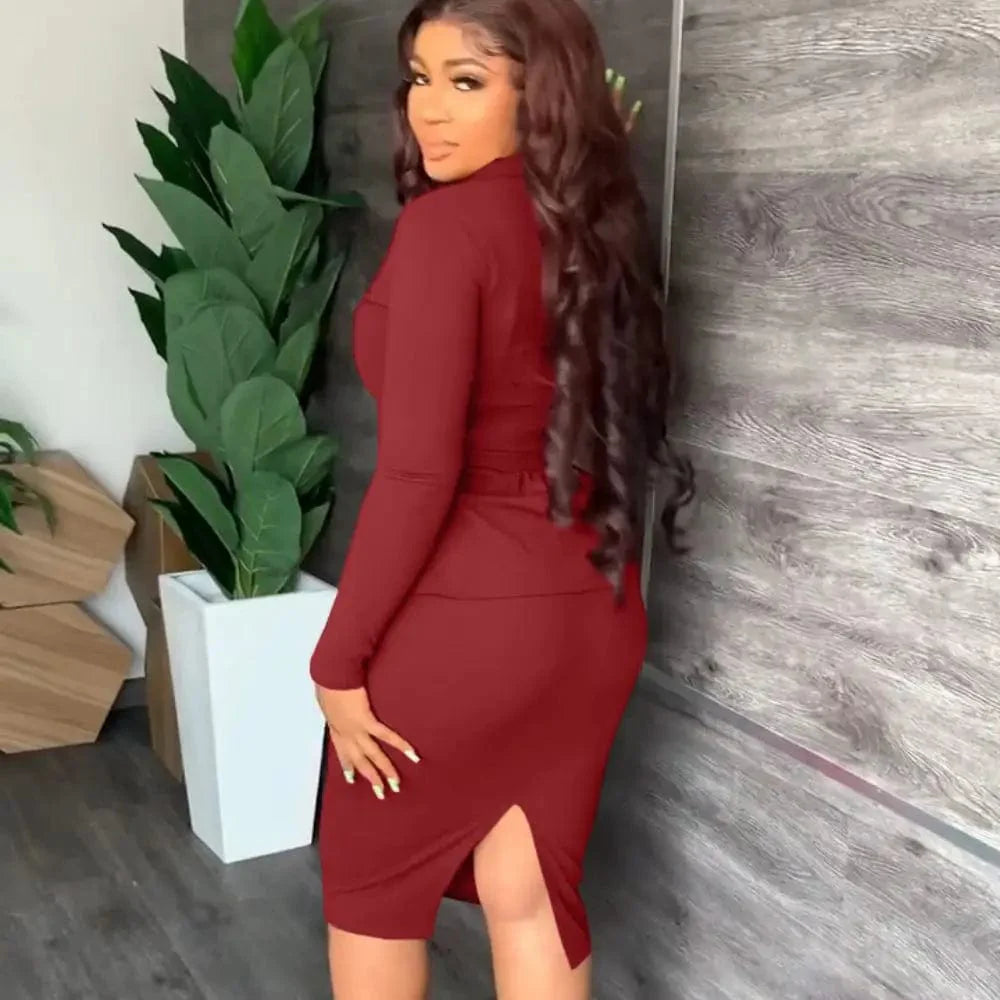 Elegant women's two-piece skirt set by Showlu Fashion, featuring a stylish office lady suit with a skirt and matching top.