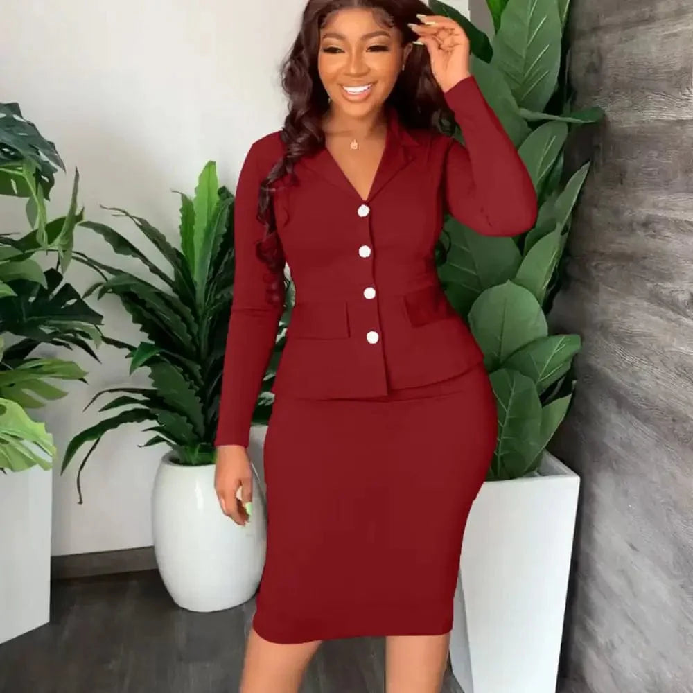 Elegant women's two-piece skirt set by Showlu Fashion, featuring a stylish office lady suit for fall and winter.