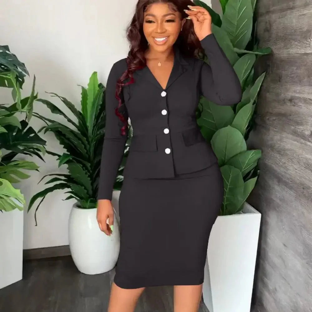 Elegant women's two-piece skirt set by Showlu Fashion, featuring a stylish office lady suit for fall and winter wear.