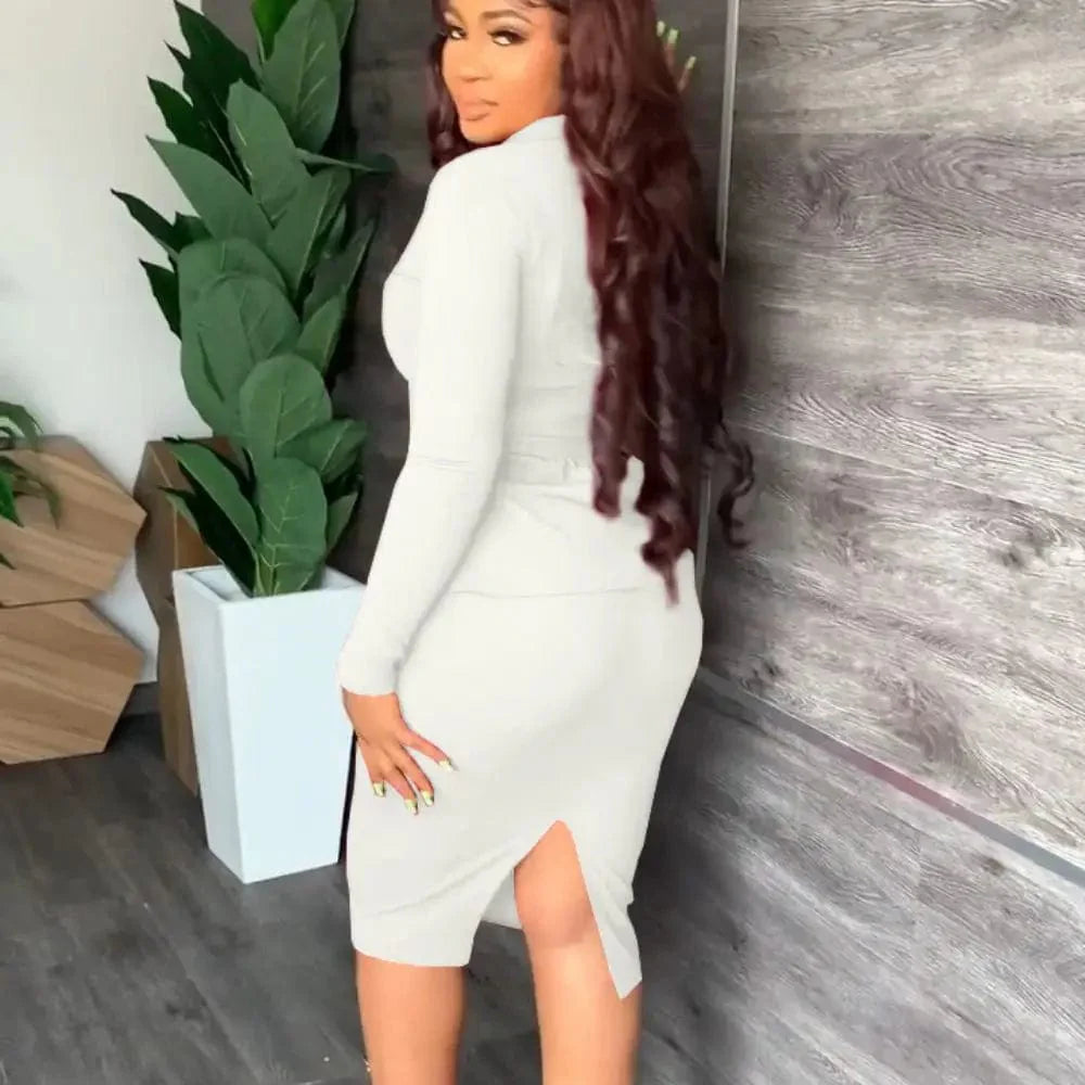 Showlu Fashion Women's two-piece skirt set, elegant office lady suit with matching top and skirt, perfect for fall and winter office wear.