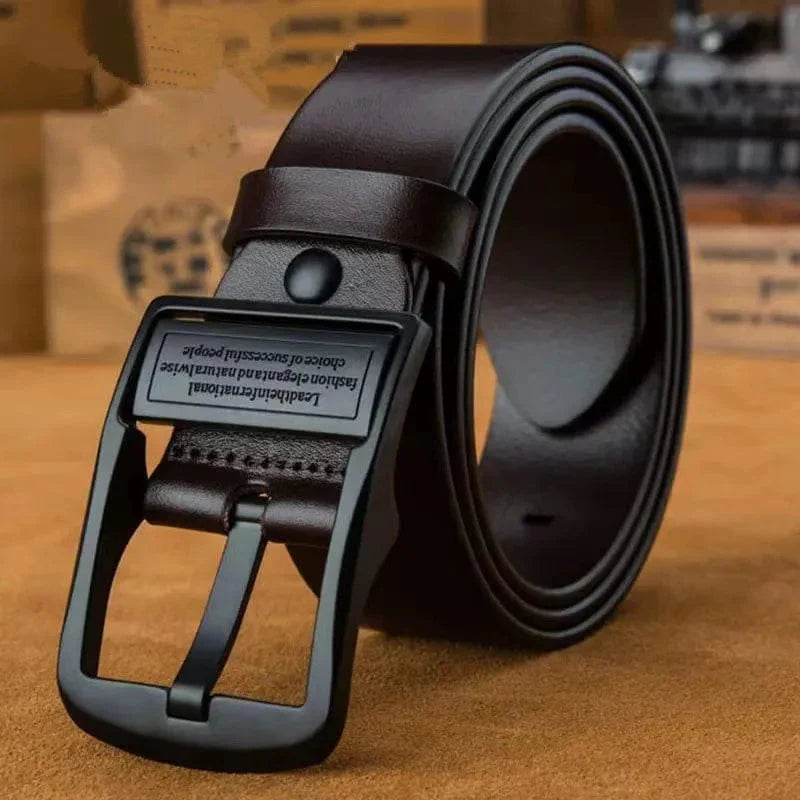 Showlu men's leather belt with a metal alloy pin buckle, featuring a stylish and durable design for casual or business wear.