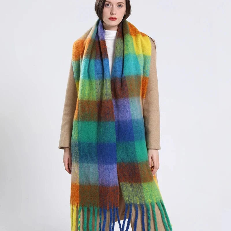 Women's plaid cashmere scarf by Showlu Fashion Store, long winter shawl with thick, warm, soft fabric and elegant plaid pattern.