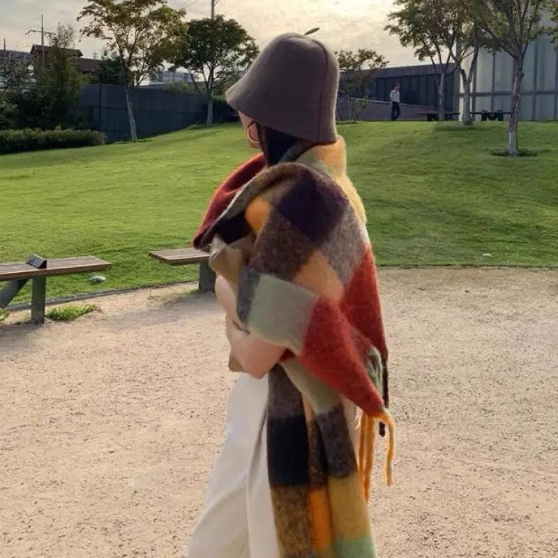 Women's plaid cashmere scarf by Showlu Fashion, long winter shawl with thick, warm, soft fabric and stylish wrap design.