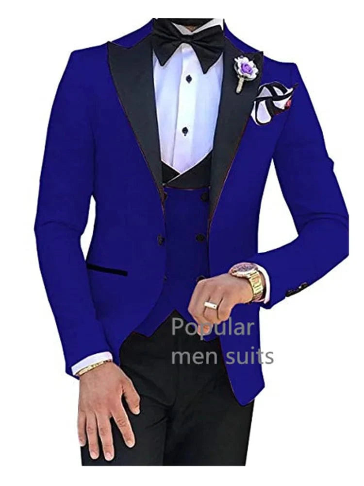 Kromoc men's 3-piece slim fit business suit with peak lapel, cotton wool fabric, includes blazer, dress shirt, and trousers.