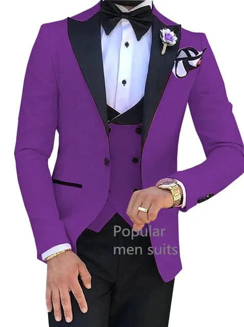 Kromoc men's 3-piece slim fit business suit with peak lapel, cotton wool fabric, jacket, pants, and vest in solid color.