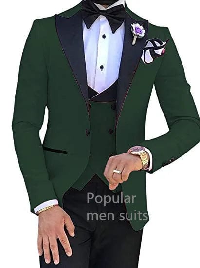 Kromoc men's 3-piece slim fit business suit with peak lapel, cotton wool fabric, including blazer, dress shirt, and trousers.