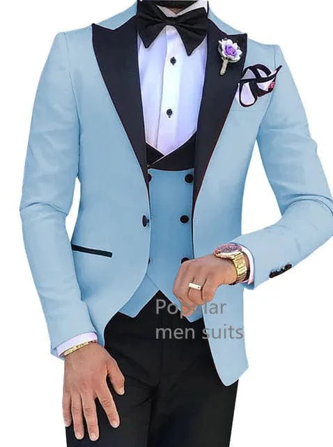 Kromoc men's 3-piece slim fit business suit with peak lapel, cotton wool fabric, jacket, vest, and matching pants.