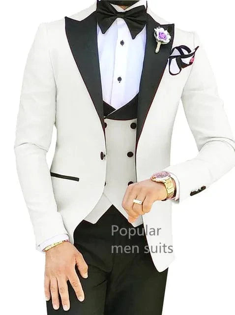 Kromoc men's 3-piece slim fit business suit with peak lapel, cotton wool fabric, blazer, dress pants, and a single-button jacket.