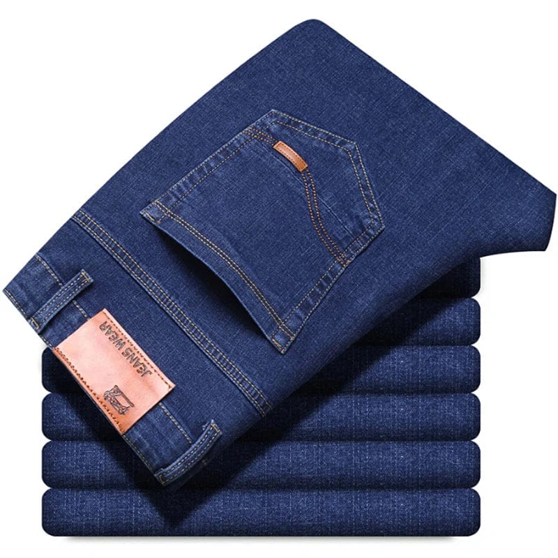SHOWLU men's slim fit straight leg denim jeans, light blue casual stretch trousers with comfortable, soft fabric.