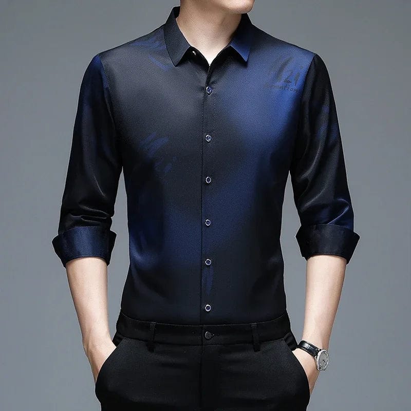 Showlu men's long sleeve printed business shirt made of anti-wrinkle polyester, casual and fashionable with a modern design.