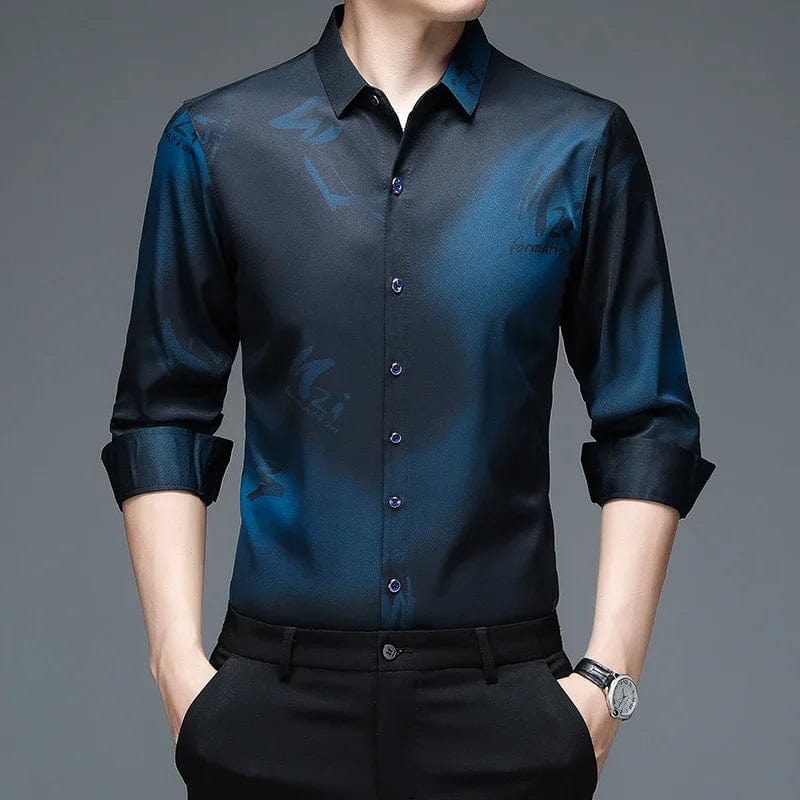 Showlu men's long sleeve printed business shirt made of anti-wrinkle polyester, casual and fashionable for professional wear.
