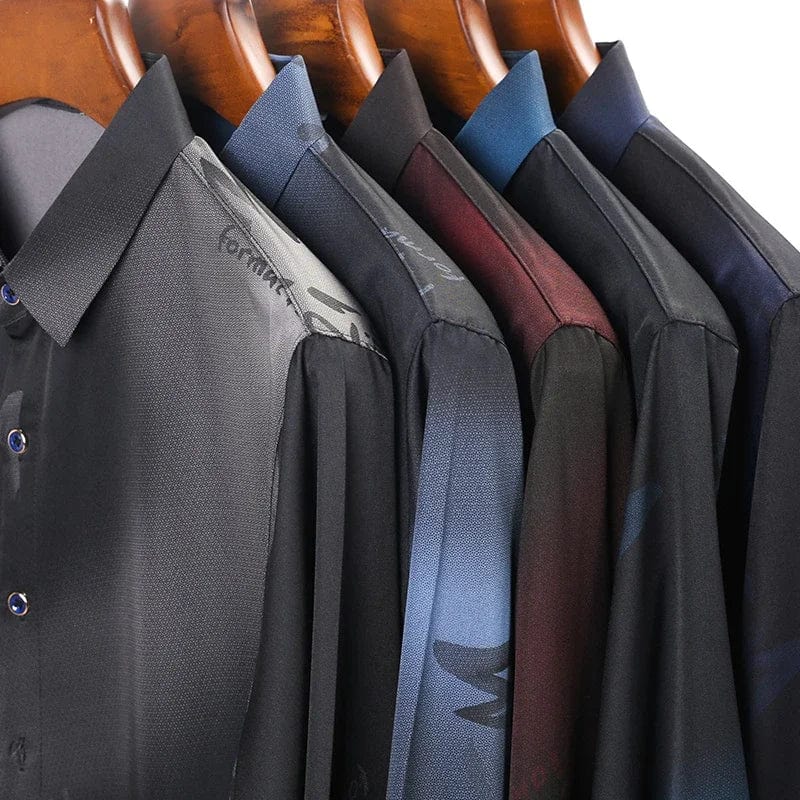 Showlu men's long sleeve printed business shirt made of anti-wrinkle polyester, casual and stylish for professional wear.