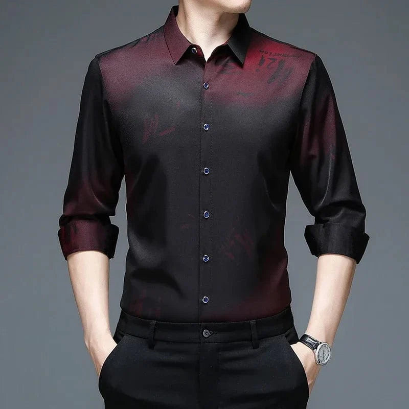 Showlu men's long sleeve printed business shirt in anti-wrinkle polyester fabric, casual and fashionable with a modern design.