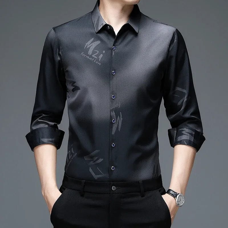 Showlu men's long sleeve printed business shirt made of anti-wrinkle polyester, casual and fashionable for professional wear.