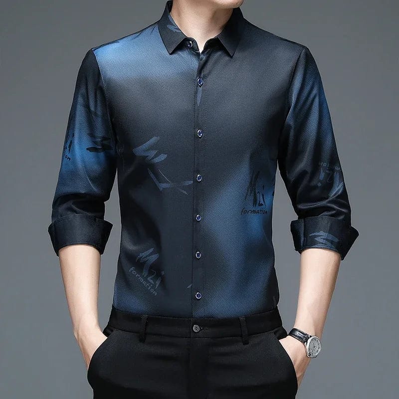 Showlu Men's long sleeve printed business shirt made of anti-wrinkle polyester, casual and fashionable with a modern design.