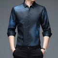 Showlu Men's long sleeve printed business shirt made of anti-wrinkle polyester, casual and fashionable with a modern design.
