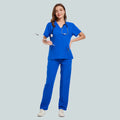 Unisex medical scrub set with sweatshirt and pants, polyester spandex nurse uniform for healthcare professionals and hospital staff.