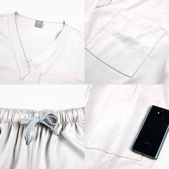 A light gray V-neck scrub top and matching drawstring pants set for medical professionals.