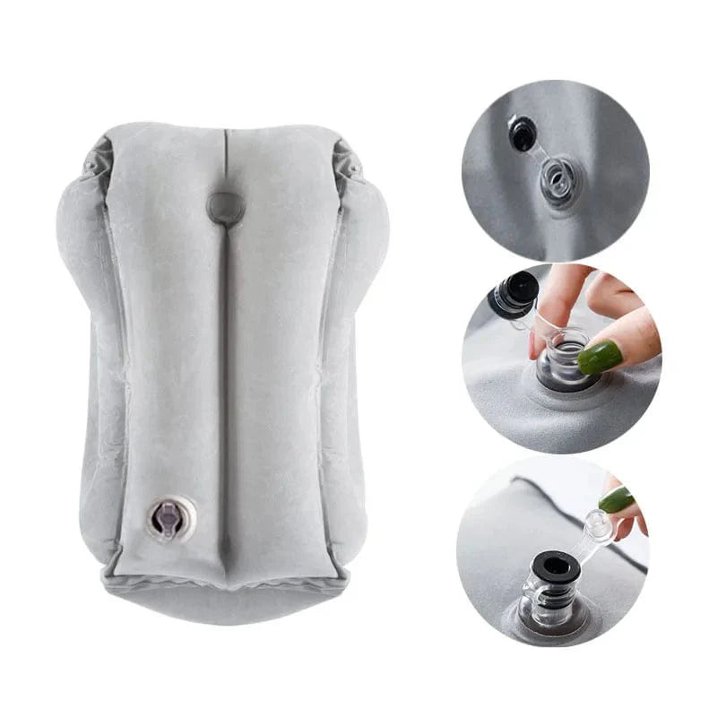 Showlu inflatable travel pillow with neck and chin support, portable PVC design for airplane, car, bus, train, or office use.