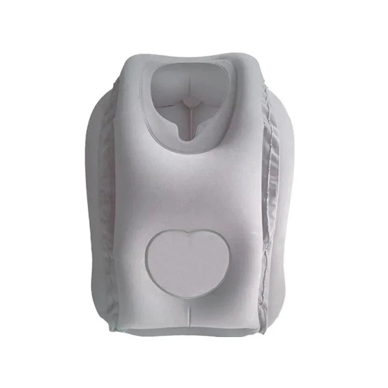 Showlu inflatable travel pillow with chin and neck support, portable PVC design for airplane, car, bus, train, or office rest.