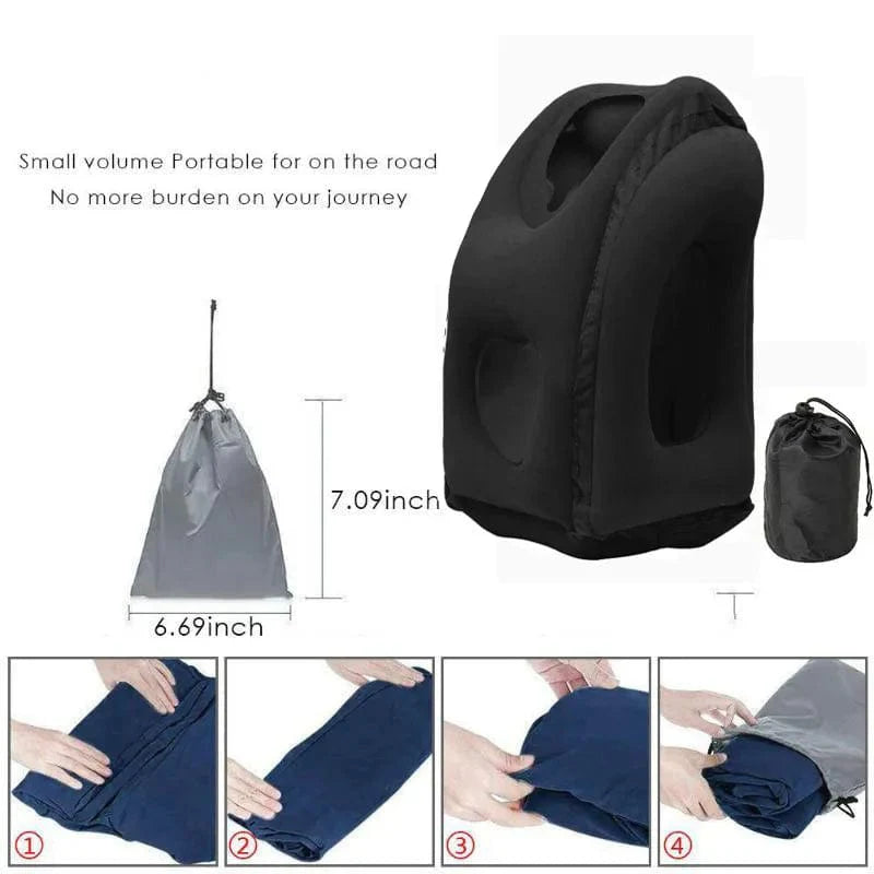 Showlu inflatable travel pillow with chin and neck support, portable PVC design ideal for airplane, car, bus, or train travel.