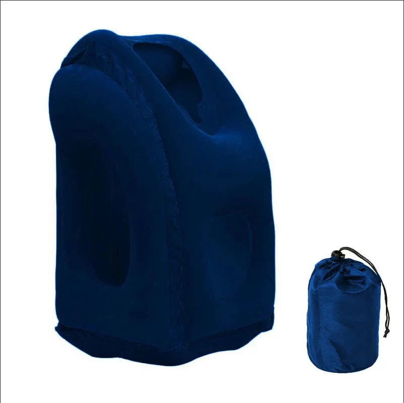 Showlu inflatable travel pillow with chin and neck support, portable PVC design ideal for airplane, car, bus, train, or office use.