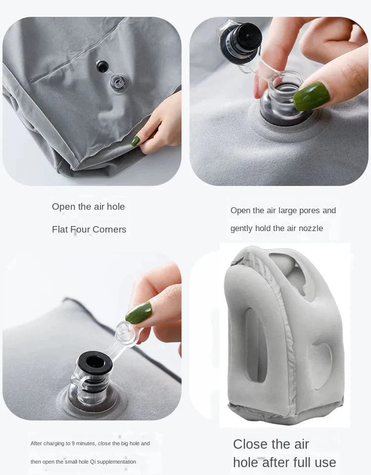 Showlu inflatable travel pillow with chin and neck support, portable PVC design, ideal for airplane, car, bus, or train travel.