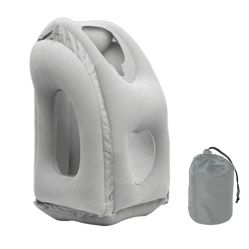 Showlu inflatable travel pillow with chin and neck support, portable PVC design for airplane, car, bus, or train travel.