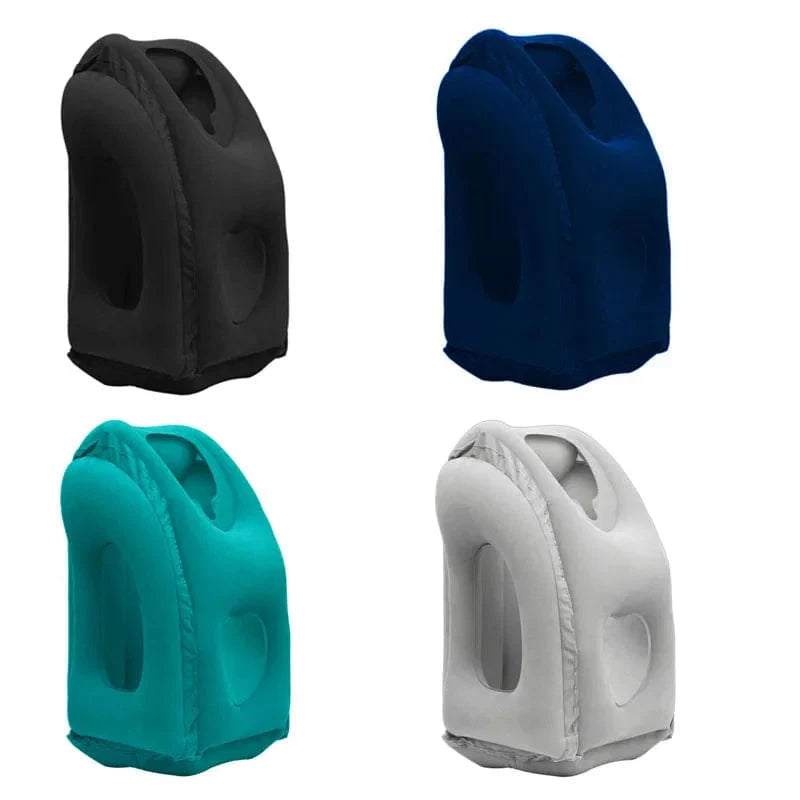 Showlu inflatable travel pillow with neck and chin support, portable PVC design ideal for airplane, car, bus, or office naps