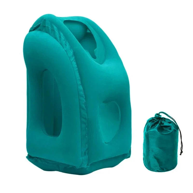 Showlu inflatable travel pillow with portable PVC neck and chin support, ideal for airplane, car, bus, or train travel.