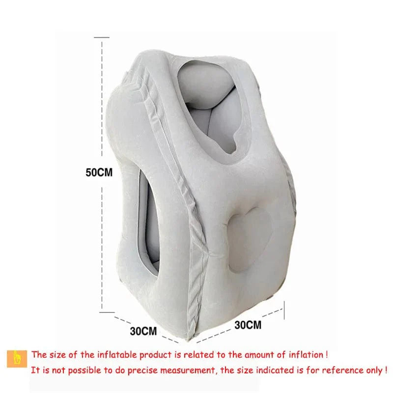 Showlu inflatable travel pillow with chin and neck support, portable PVC design ideal for airplane, car, bus, or train travel.