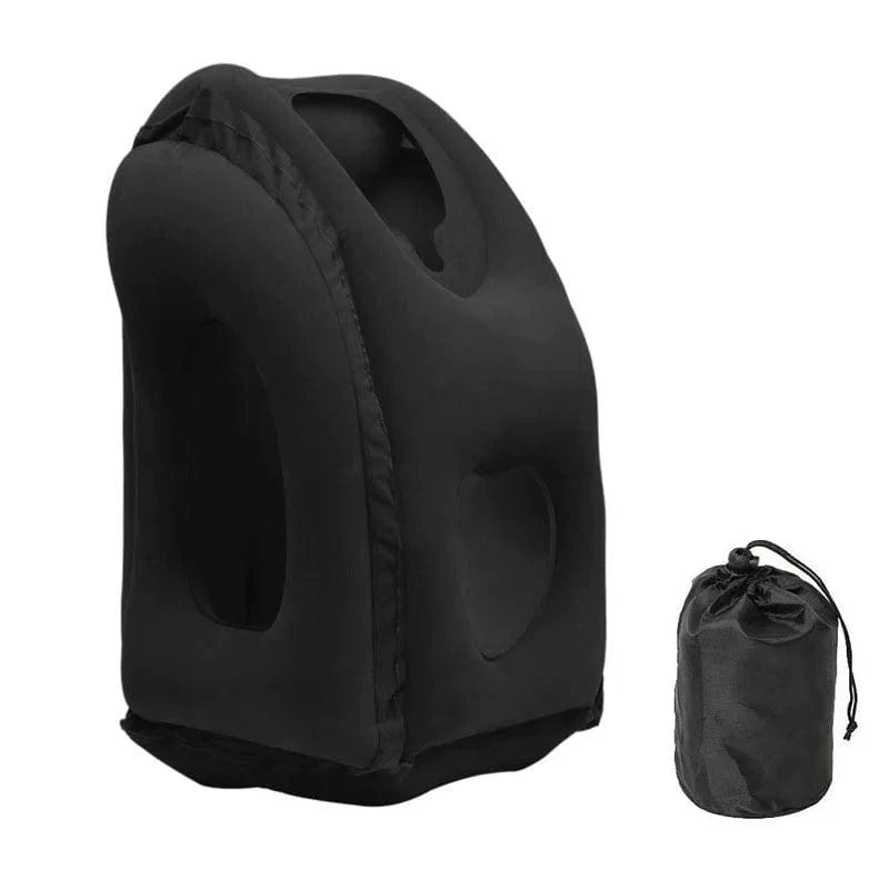 Showlu inflatable travel pillow with chin and neck support, portable PVC design for airplane, car, bus, train, or office naps.