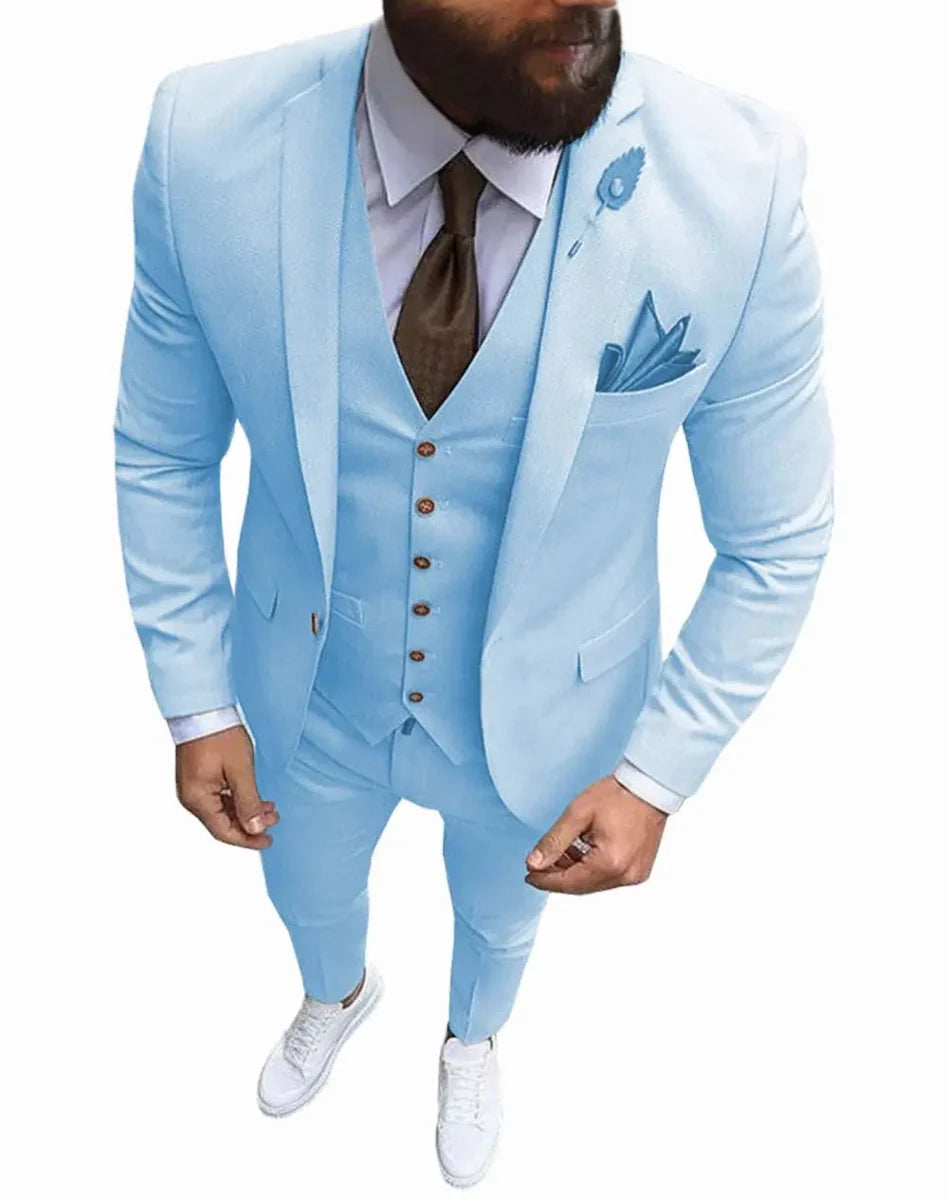 Pink men's 3-piece slim fit suit with notch lapel, blazer, vest, and pants, ideal for weddings or formal occasions.