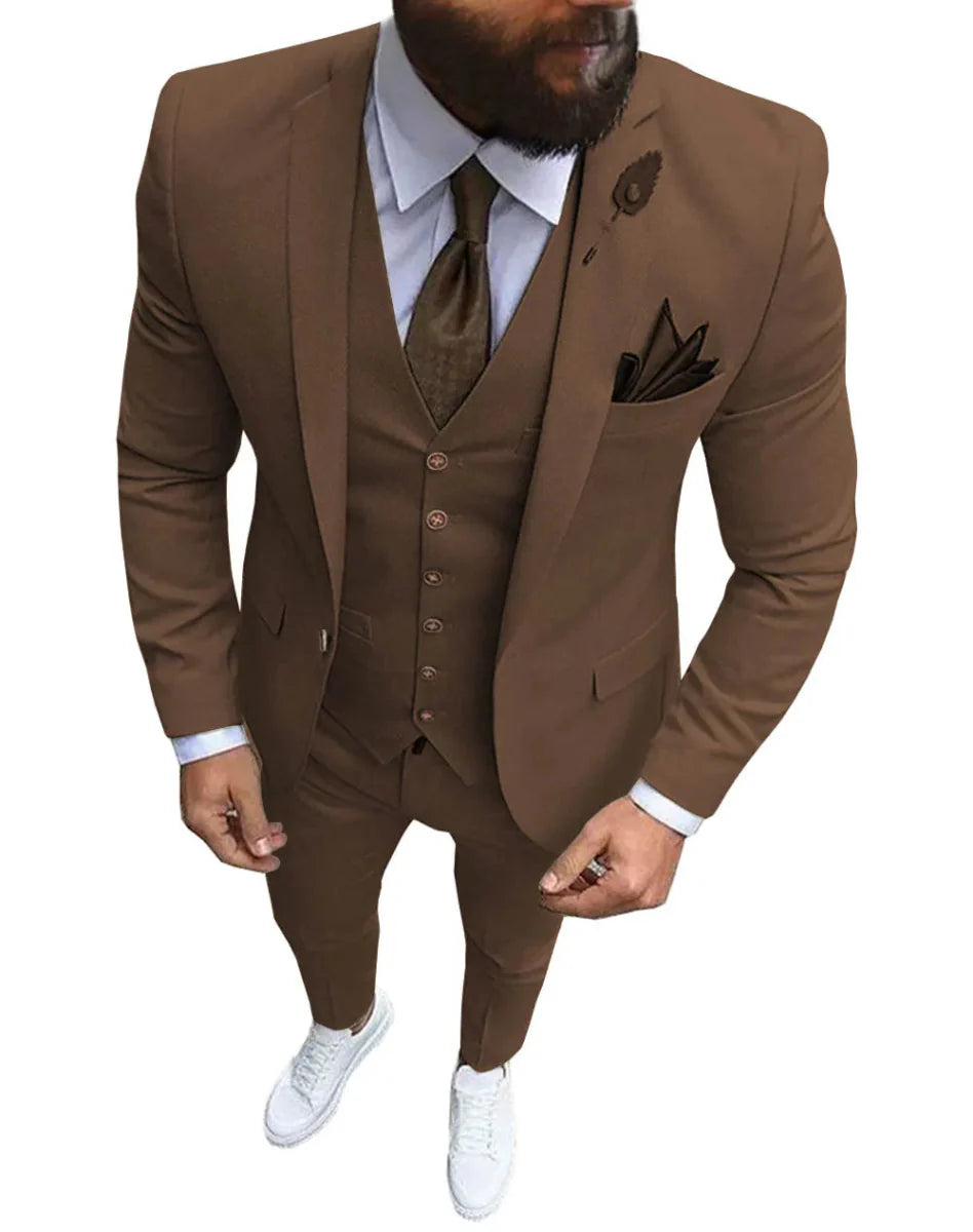 Pink men's 3-piece slim fit suit with notch lapel, including blazer, vest, and pants, suitable for formal weddings and business events.