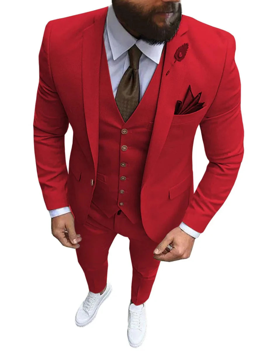 Pink men's 3-piece slim fit suit with notch lapel, includes blazer, vest, and pants, ideal for wedding or formal occasions.