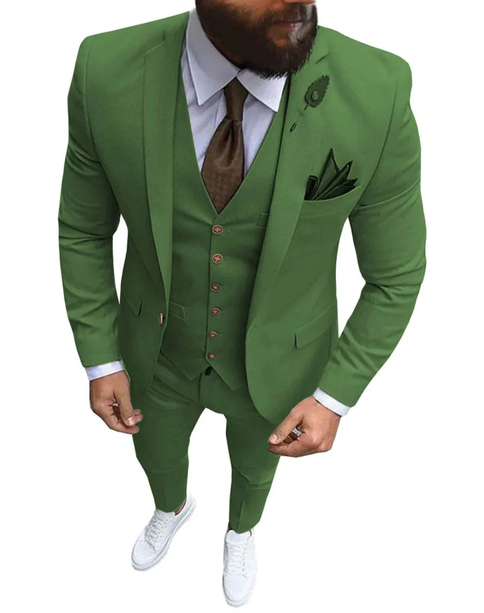 Pink men's 3-piece slim fit suit with notch lapel, includes blazer, vest, and pants, ideal for wedding or formal occasions.