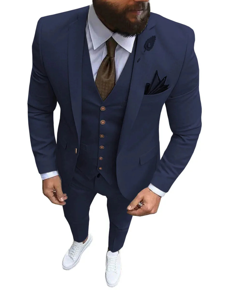 Pink men's 3-piece slim fit suit with notch lapel, includes blazer, vest, and pants, ideal for weddings and formal occasions.