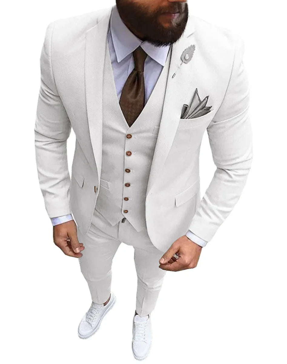 Pink men's 3-piece slim fit suit with notch lapel, blazer, vest, and pants, suitable for wedding or formal occasions.