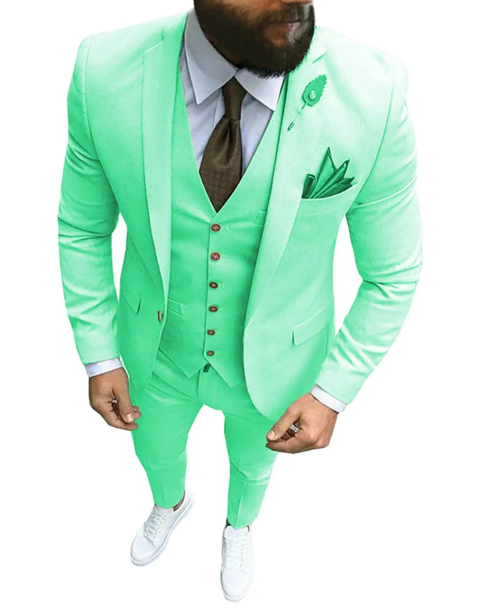 Pink men's 3-piece slim fit suit with notch lapel, including blazer, vest, and pants, ideal for wedding and formal occasions.