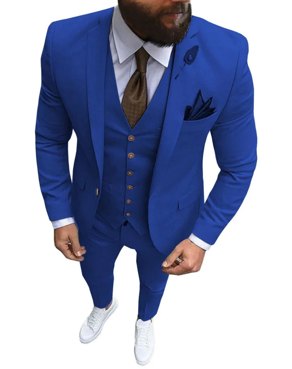 Pink men's 3-piece slim fit suit with notch lapel, blazer, vest, and pants, ideal for wedding or formal occasions.