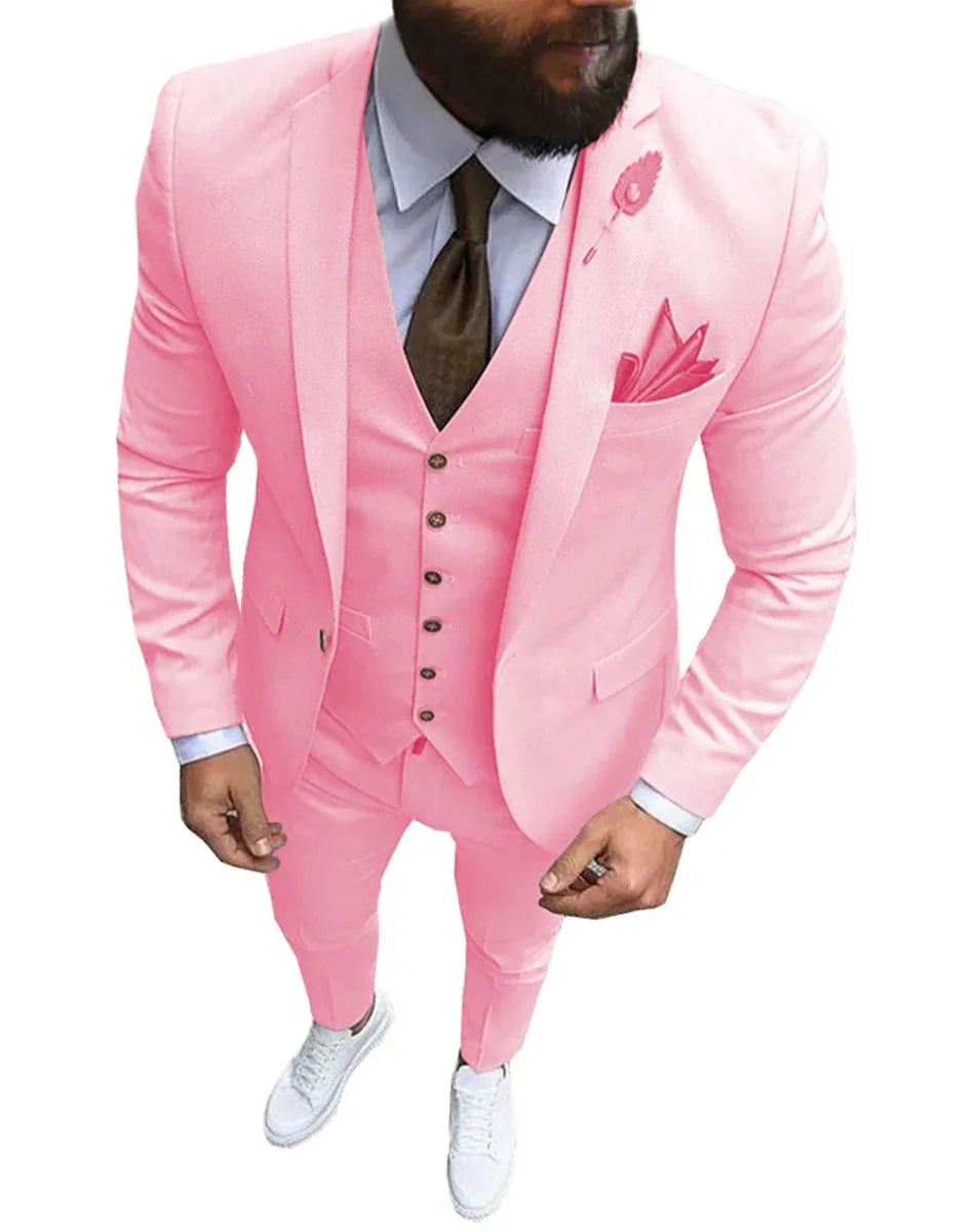 Pink men's 3-piece slim fit suit with notch lapel, including blazer, vest, and pants, ideal for weddings and formal occasions.