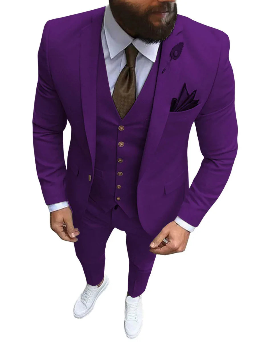 Pink men's 3-piece slim fit suit with notch lapel, featuring blazer, vest, and pants, ideal for weddings and formal occasions.