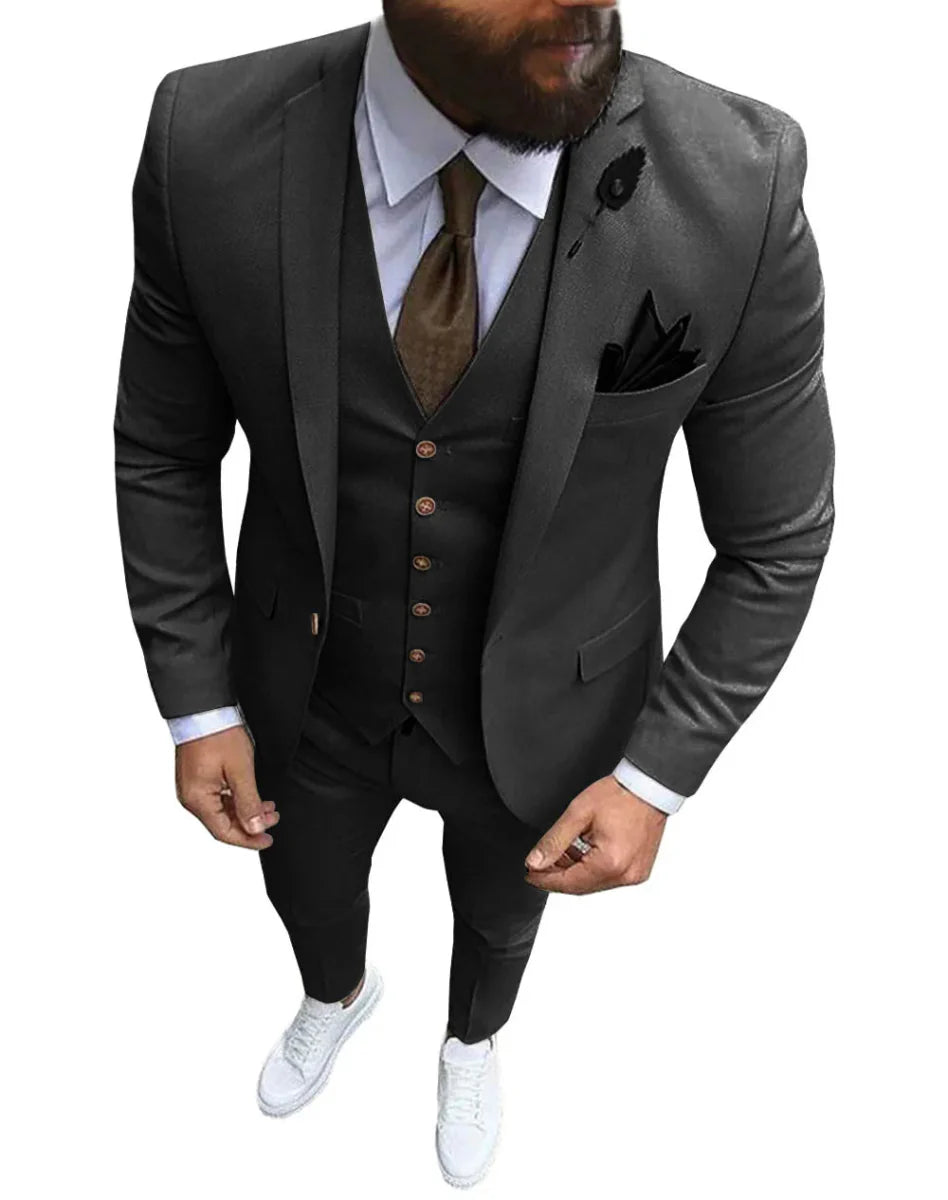 Pink men's 3-piece slim fit suit with notch lapel, includes blazer, vest, and pants, ideal for wedding or formal occasions.