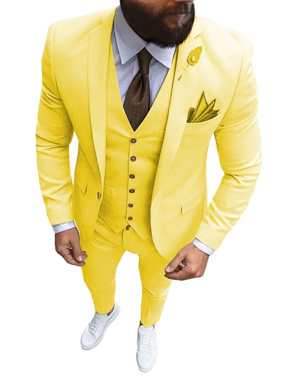 Pink men's 3-piece slim fit suit with notch lapel, includes blazer, vest, and pants, ideal for wedding or formal occasions.