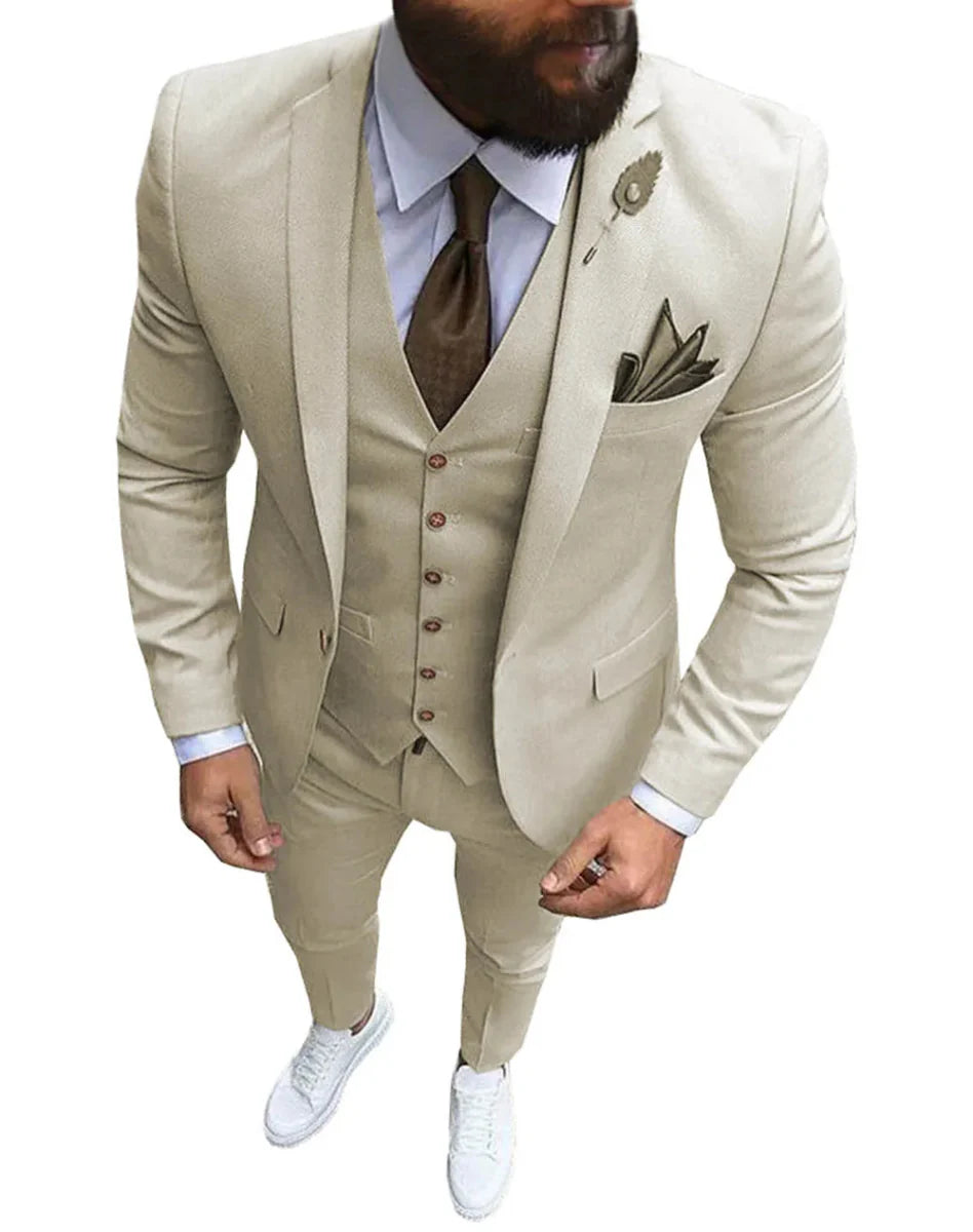 Pink men's 3-piece slim fit suit with notch lapel, includes blazer, vest, and pants, ideal for wedding or formal events.